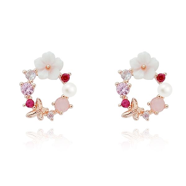 

white flowers gold butterfly pearl surround combination creative female earrings, Golden;silver