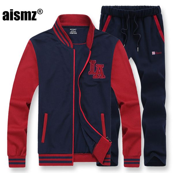 

aismz new spring autumn winter sporting suit men set baseball jacket+pant sweatsuit two piece set tracksuit for men clothing, Gray