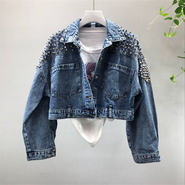 

plus size rivets short denim jackets women blue wash long sleeve vintage casual jean jacket bomber denim coat j319, Black;brown