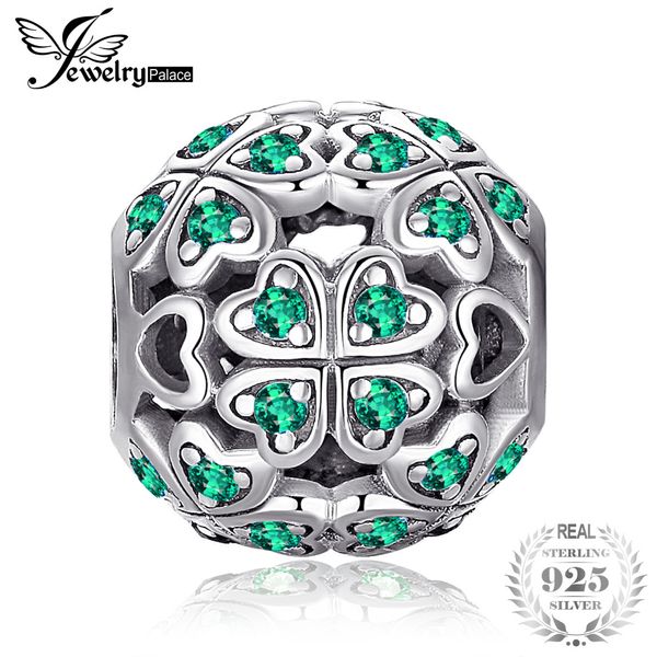 

jewelrypalace 925 sterling silver lucky flora round green cubic zirconia clover heart charm fit bracelets diy, Blue;slivery