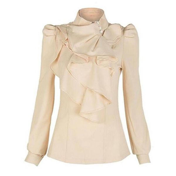 

gresanhevic new women's ruffle plain long sleeve high neck loose beige shirt blouse, White