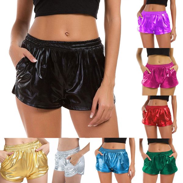 

jaycosin women short summer fashion elastic high waist sport shorts shiny metallic short mujer solid casual short feminino f18, White;black