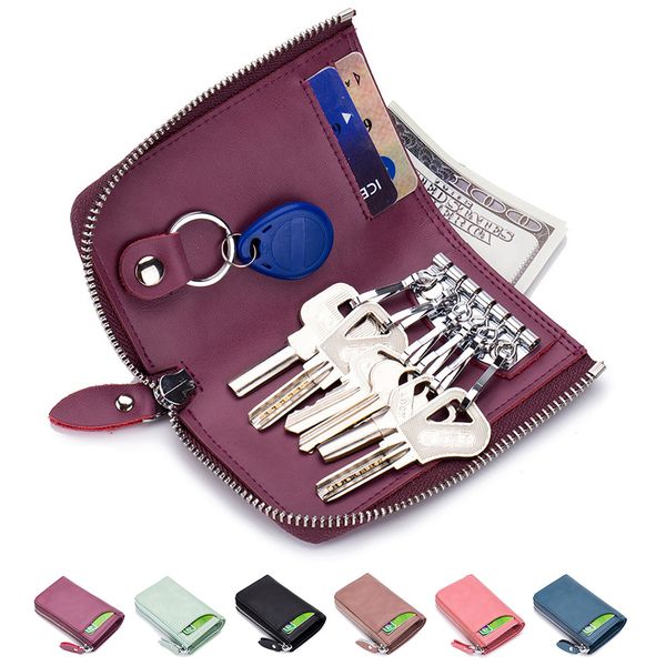 

genuine leather wallet keychain purse key holder for women men key holder case organizer smart housekeeper car small bag, Red;blue