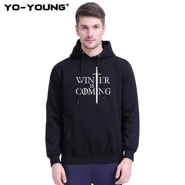 

yo-young men hoodies sweatshirts winter is coming letters print casual streetwear quality fleece inside, Black