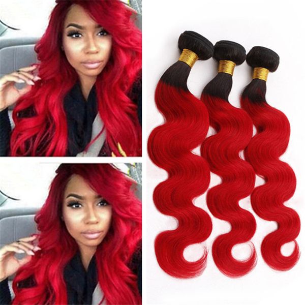 Ombre Red Virgin Hair Bundles Body Wave Wavy Dark Roots Bright Red