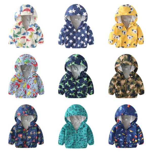 Giacca con cappuccio da bambino per bambina, giacca a vento leggera foderata in cotone, 2019, nuovi modelli per bambini, dinosauro, orso, stella, stampato, 15 colori