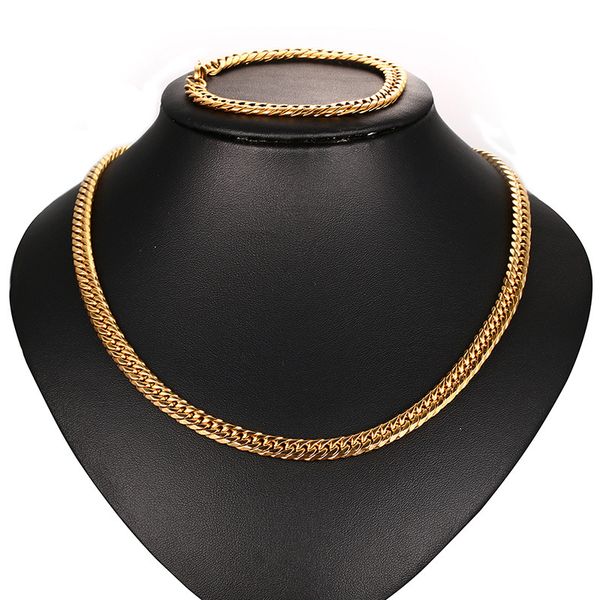 

7.5mm gold color fashion simple men's chain bangle stainless steel bracelet and necklace set jewelry gift for men boys j049, Silver