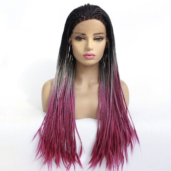 

ombre 3 tone synthetic box braided lace front wig glueless long braided lace wig natural hair line half hand tied, Black
