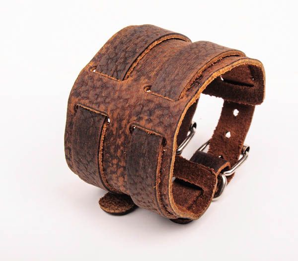 

g462 silver cool double layer wrap though genuine leather bracelet wide cuff men's new, White