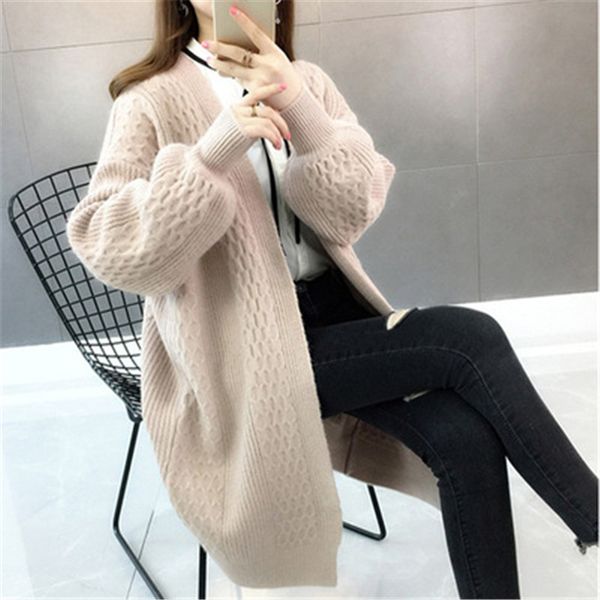 

2019  new women winter sweater cardigans fashion long sleeve female knitted jackets v-neck thick knit cardigan coat 729, White