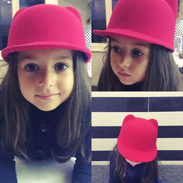

winter warm kids baby girls cat ears wool derby bowler cap solid 3d ears vintage costume play brim hats cap, Yellow