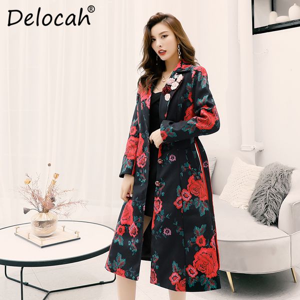 

delocah 2019 autumn winter women coat runway fashion designer long sleeve gorgeous appliques floral printed slim lady overcoat, Black