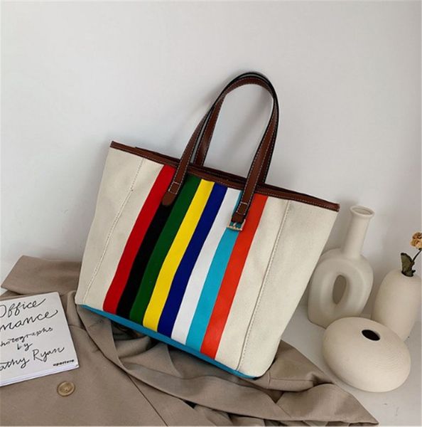

rainbow stripe canvas bag tote bag large capacity handbag ph-cfy2003193