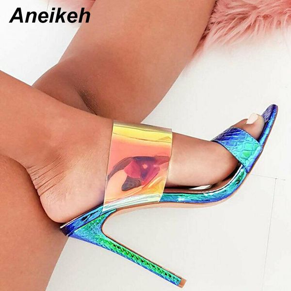 

aneikeh пвх тапочки обувь женщина пальца ноги щели твердые лодыжки-wrap 2019 году летние дамы сандалии супер высокие тонкие каблуки насосы р, Black