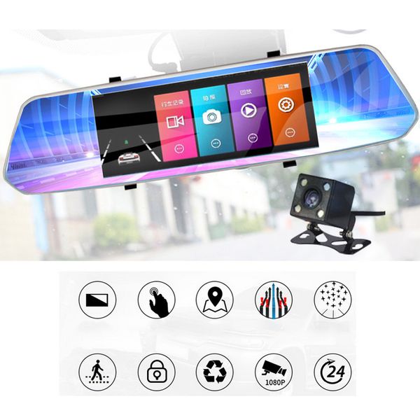 

tospra car dvr 7" dual lens dash cam touch screen rear view mirror fhd 1080p adas camera video recorder auto registrar dashcam