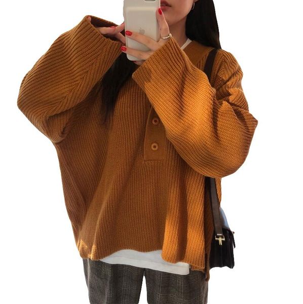 

new women's loose button v-neck solid color long-sleeved sweater, White;black