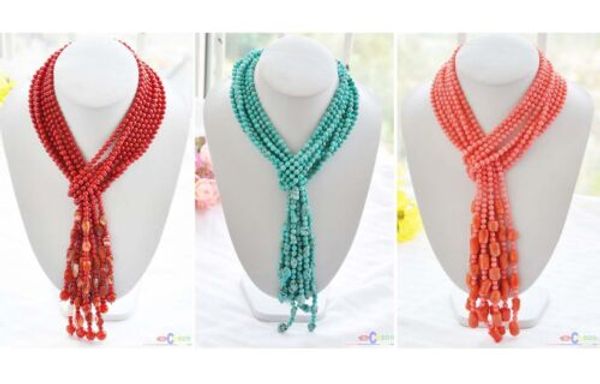 

new 100% real 4strands 50" 6mm coral /stone / bead necklace, Silver