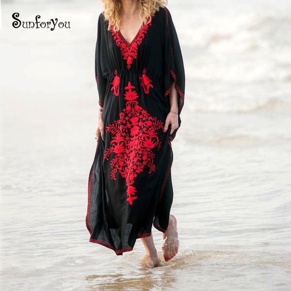 

black cotton beach dress red embroidery beach cover up sarong beachwear 2019 robe de plage swimsuit cover up tunic, Blue;gray