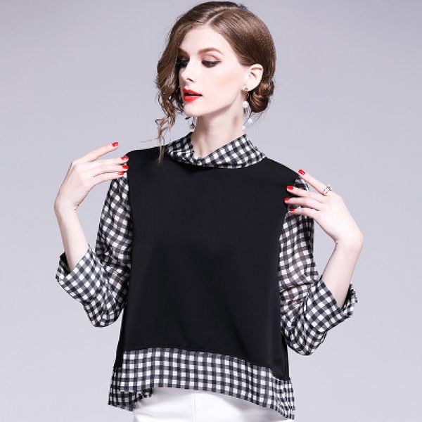 

2020 new summer women stand collar hit color plaid chiffon shirts female fashion casual stripe splicing british style qx57, White