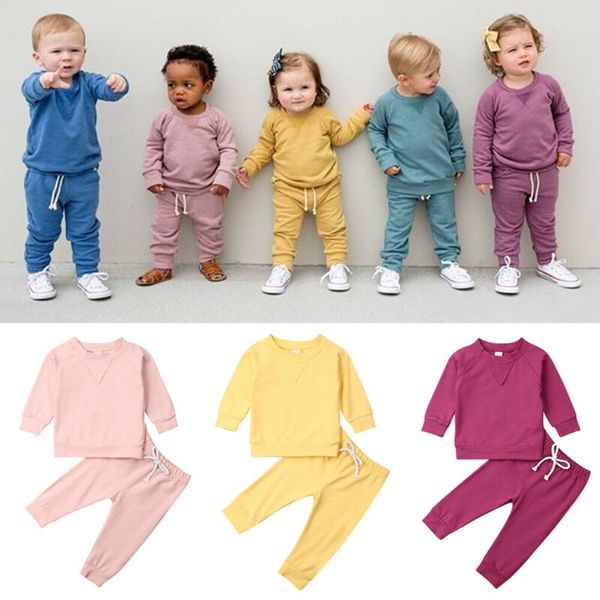 

2019 active kids baby girl boy solid tracksuits 2pcs autumn clothes sets pullover sweatshirts+long pants kids cotton outfit 0-4y, White