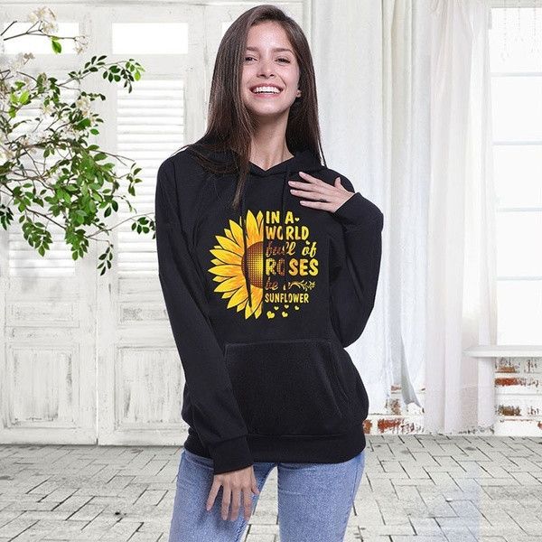 

women sweatshirt hoodies harajuku autumn casual solid full sleeve stand-neck sunflower print loose pullovers jumper blouse, Black