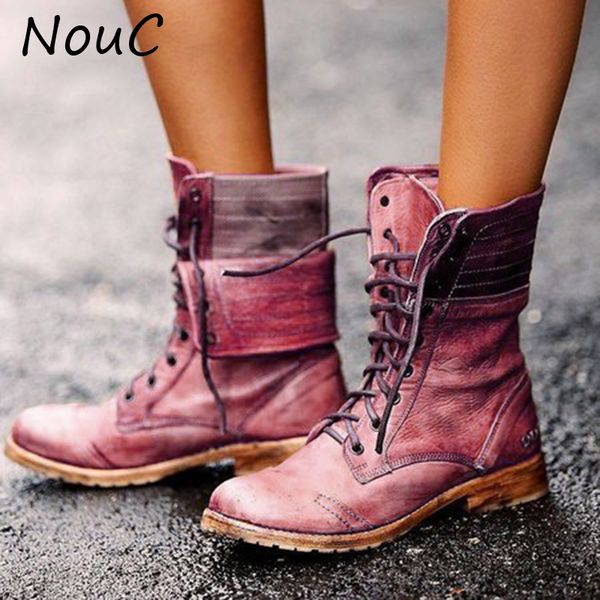 

nouc women mid-claf boots women leather woman high heels autumn winter female mid-calf boots lace-up plus size vintage, Black