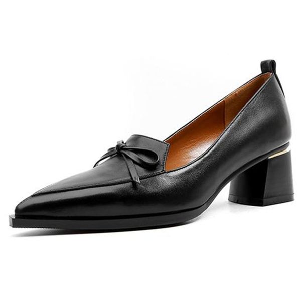 

2019 spring new pointed retro bow thick with women's shoes mid heel black, yellow work shoes heels women pumps high heels