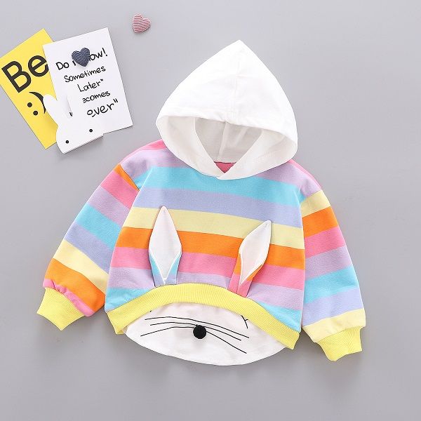

girls designer fashion hoodies 2020 brand children rabbit ears sweatshirts kids luxury stripe splicing hoodies clothing for wholesale, Black