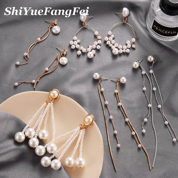 

trendy elegant created big simulated pearl long earrings pearls string statement drop earrings for wedding party gift, Silver