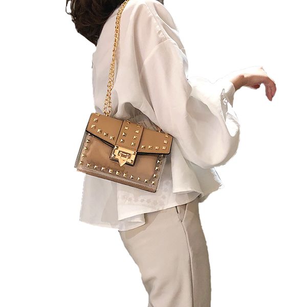 

small clear designer woman new fashion messenger bag chains shoulder bag female rivets transparent square pu handbag(khaki