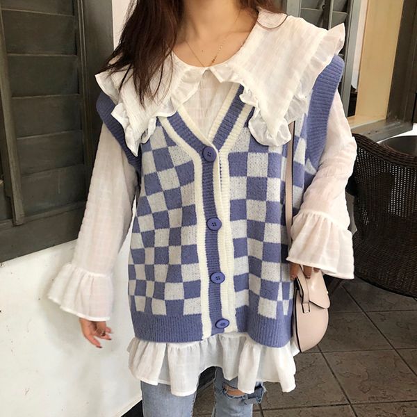 

korean vintage preppy style plaid sleeveless pullovers sweater single breasted harajuku autumn knitted vest v-neck sweaters, Black;white