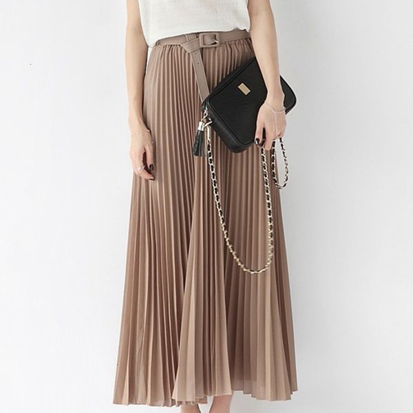 

pleated skirt long skirts summer new fashion elegant bohemia chiffon pleated elastic waist women long maxi tulle beach skirt with belt, Black