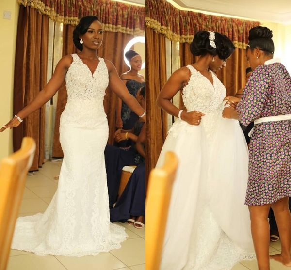 Nova imagem Real Africano Branco Africano / Sereia Vestidos de Noiva com Trem Destacável V Neck Appliques País Vestidos de Novia