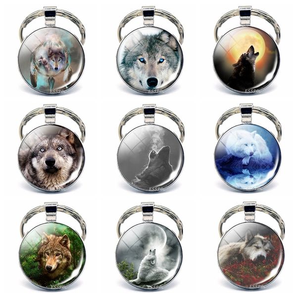 

fashion handmade wolf keychain men women glass cabochon wolf metal keychain gift for boyfriend girlfriend, Silver