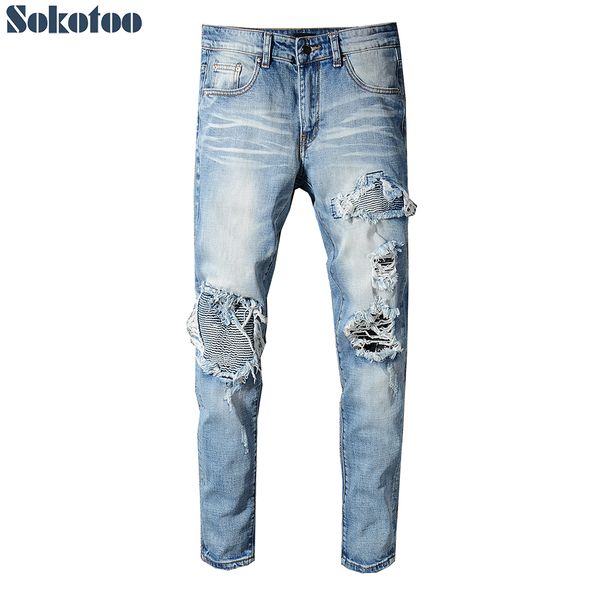 

sokotoo men's ligjt blue pleated patchwork biker jeans for motorcycle slim skinny stretch denim pants