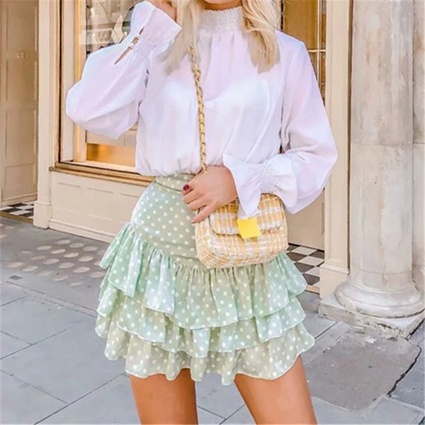 

bohemian dot print ruffled women skirts high waist summer casual female skirts beach style soft ladies short mini, Black