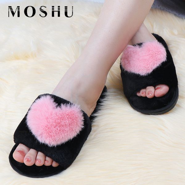 

cute heart shaped home slippers women winter warm fur slides soft fluffy shoes house slippers flip flops female chanclas mujer, Black