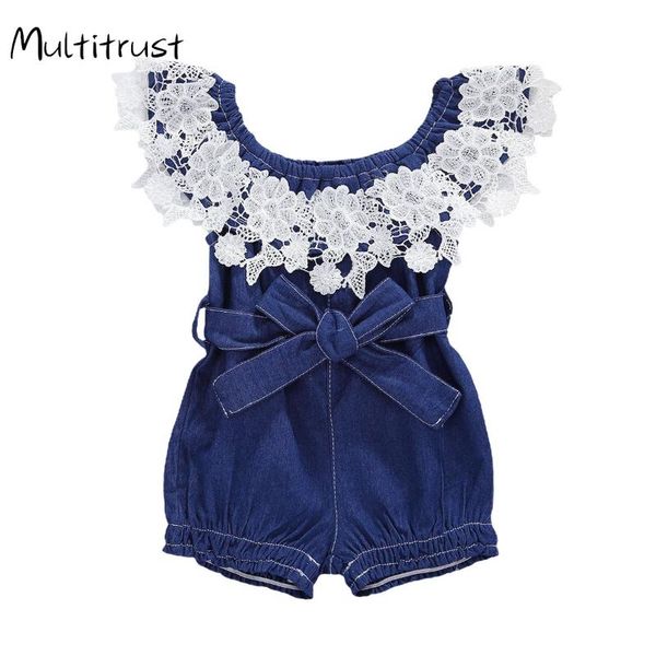 

multitrust new summer baby girls outfit lace romper cotton infant kids sleeveless denim clothes size 0-24m, Blue