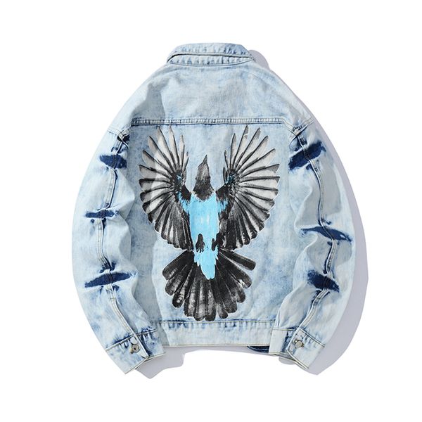 

retro washed letter eagle print mens jeans jacket streetwear loose windbreaker denim coat hip hop male bomber jacket, Black;brown