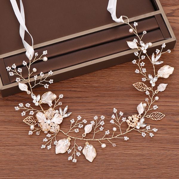 

gold color leaf headbands hair ornaments handmade pearl hairband wedding tiara for women wedding bridal hair accessories, Golden;white