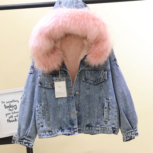 

2018 winter jacket women big fur hooded denim parka lamb fur warm thick winter jacket hooded loose jeans blusas, Black