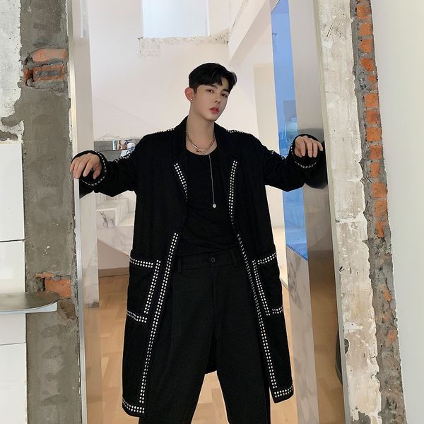 

men rivet streetwear hip hop punk gothic long trench jacket overcoat male vintage loose casual cardigan windbreaker coat, Tan;black