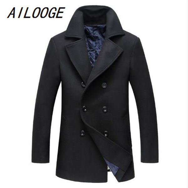 

ailooge 2018 new winter jacket casual double breasted overcoat men's woolen coat,men thick trench coat men, Black