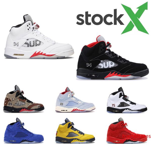 

stock x 2020 men basketball shoes 5s black white ice blue red suede fresh prince michigan fire red sports sneaker size 7-13