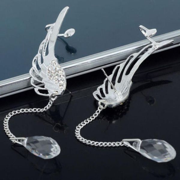 

1pair women elegant earring silver angel wing crystal earrings drop dangle ear stud clip cuff aretes de mujer