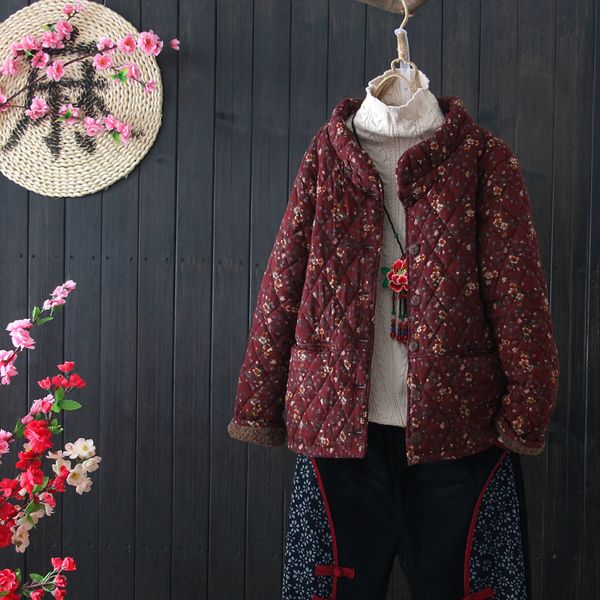 

flowers print winter plus velvet thickening stand collar cotton coat vintage female, Black;brown