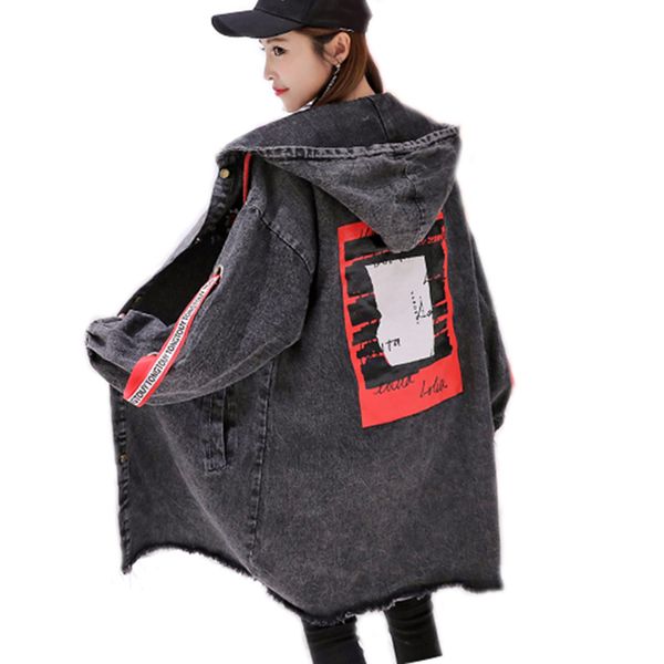 

long frayed hem female jacket autumn denim jacket for women o neck hooded single breasted casual windbreaker coat, Black;brown