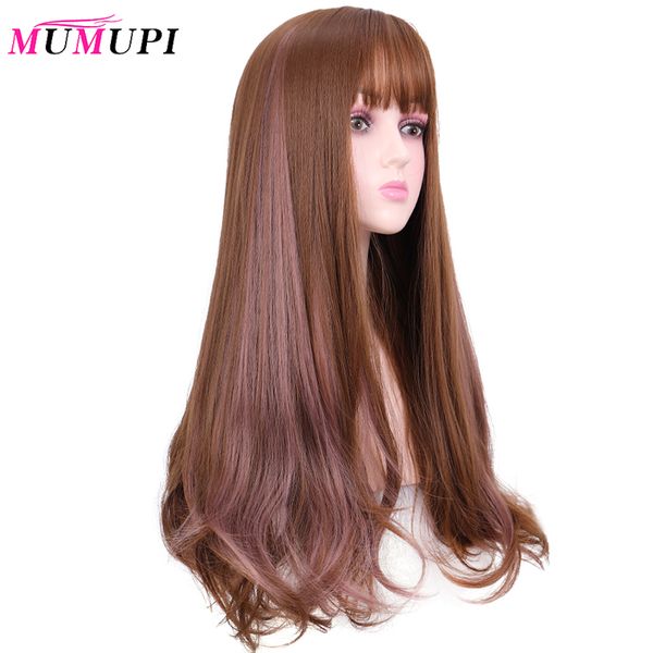 

mumupi long curly synthetic hair brown mix pink available wig for women heat resistant fiber daily false hair, Black