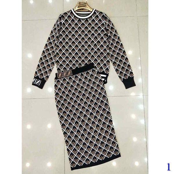 

women dress designer double brand two piece suits f letter sweaters with over knee knitted dresses women dress set1, White
