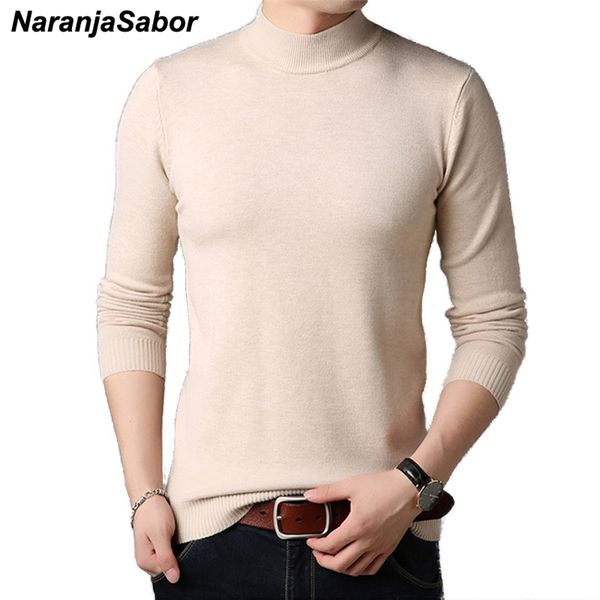

naranjasabor 2019 mens new pullover knit sweater slim fit solid color half-high collar casual sweaters men brand clothing n562, White;black